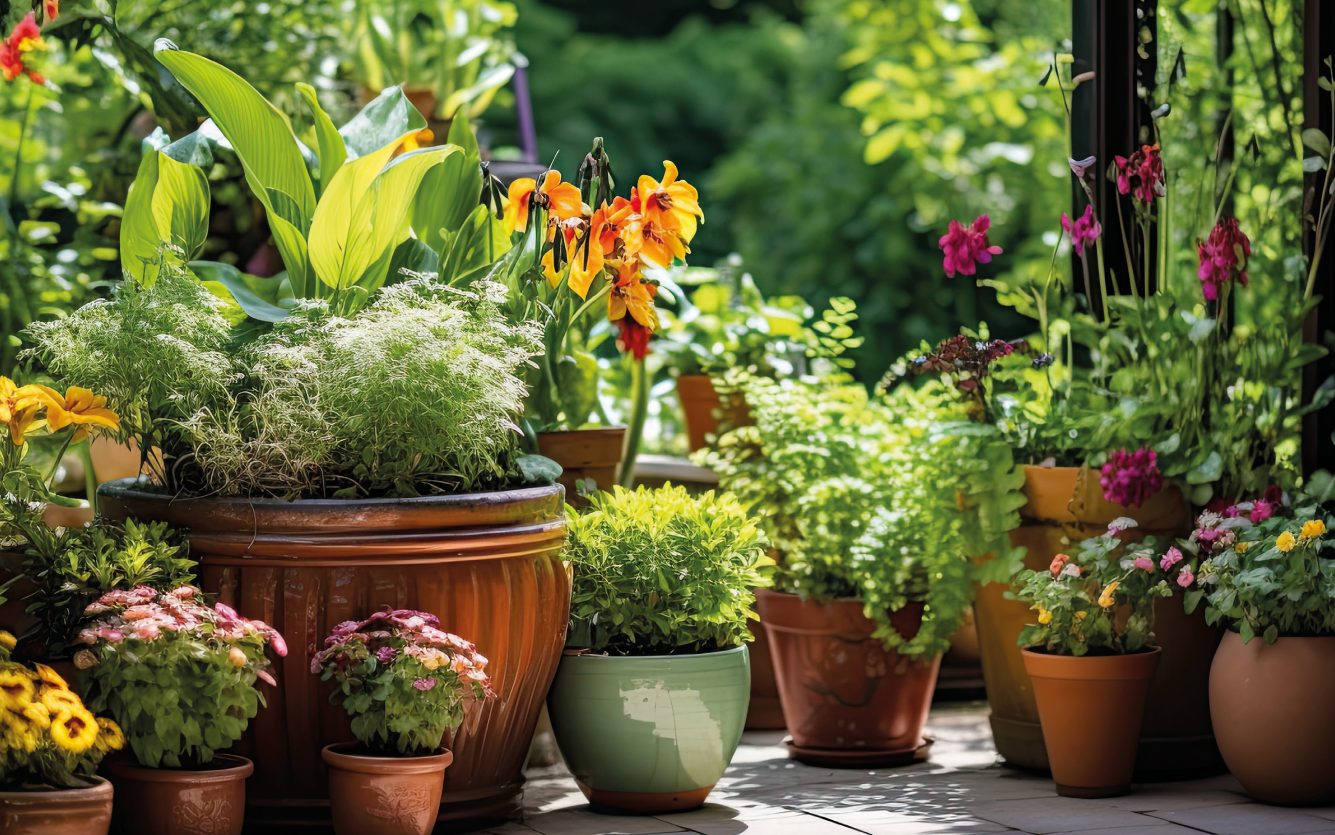 Terrasse garnie de plantes en pots de terre cuite