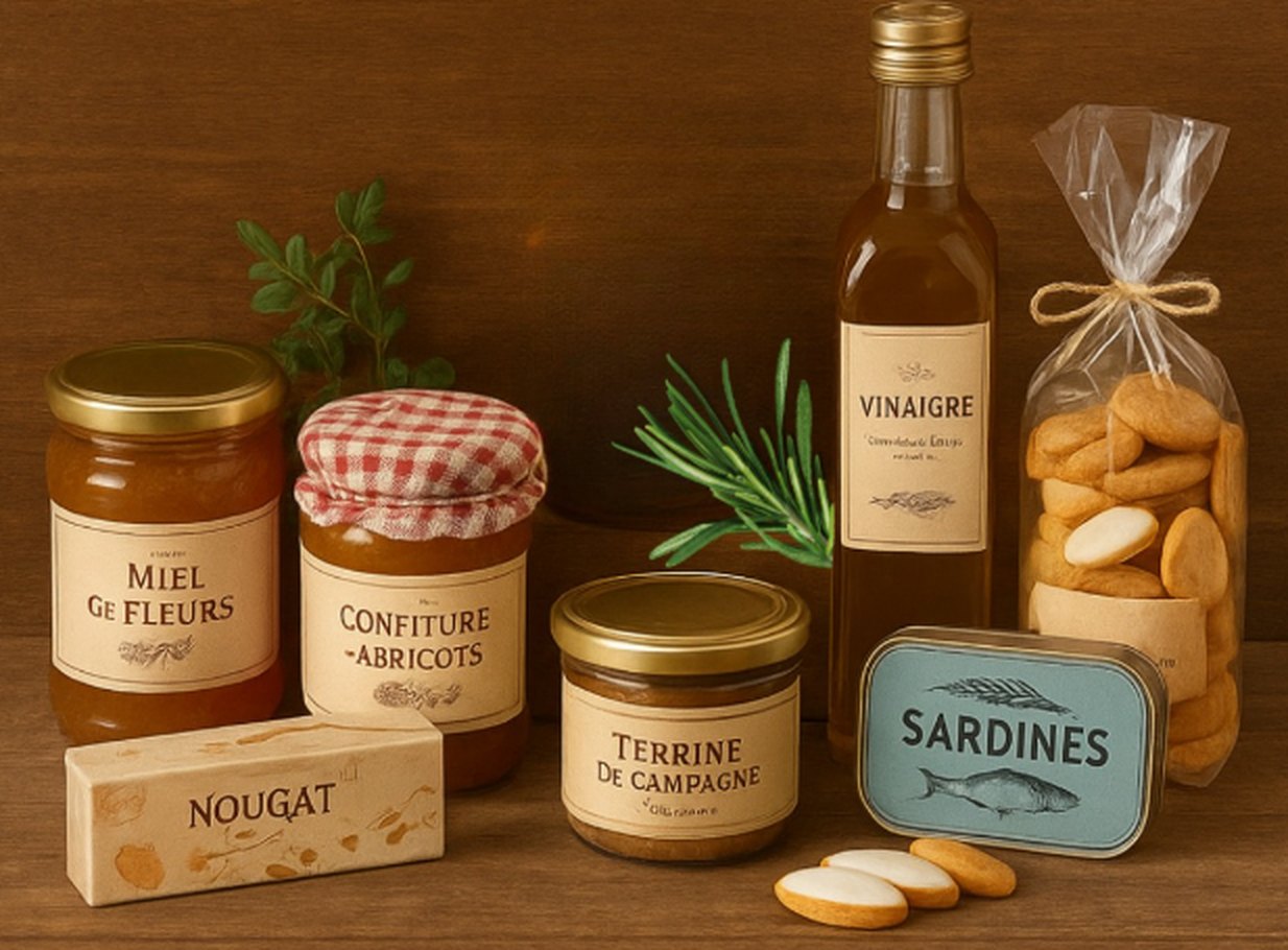 Miel de fleurs, confiture d'abricots, terrine de campagne, vinaigre, nougat, sardines et biscuits sur une étagère en bois